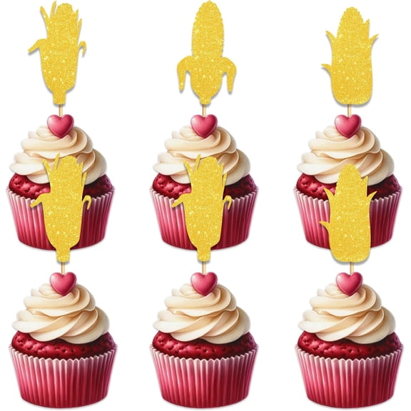 Corn Cupcake Topper for Vegetable Theme Party Favors Decorations Men Women Happy Birthday Weeding Anniversary Party Decor Supplies 10pcs Gold Glitter