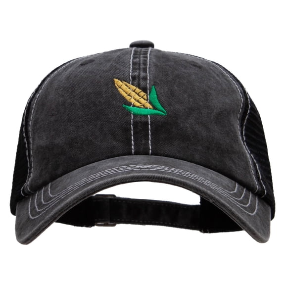 Corn Embroidered Pigment Dyed Mesh Cap - Black Black OSFM