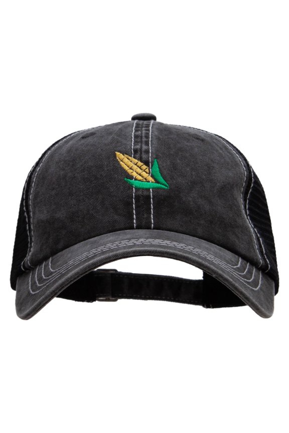 Corn Embroidered Pigment Dyed Mesh Cap - Black Black OSFM