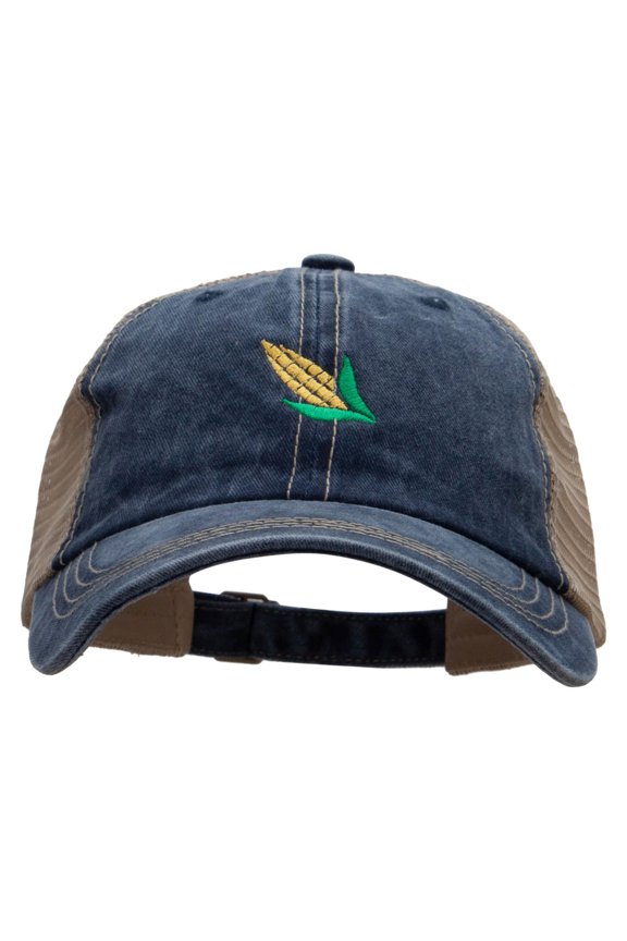 Corn Embroidered Pigment Dyed Mesh Cap - Navy Khaki OSFM