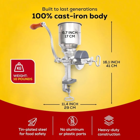 Corn Grinder with High Hopper, Grain Mill, Manual Grinder For Corn, Rice, Soybeans, Pepper, Chickpeas, Cast Iron Wheat Grinder For Domestic Use