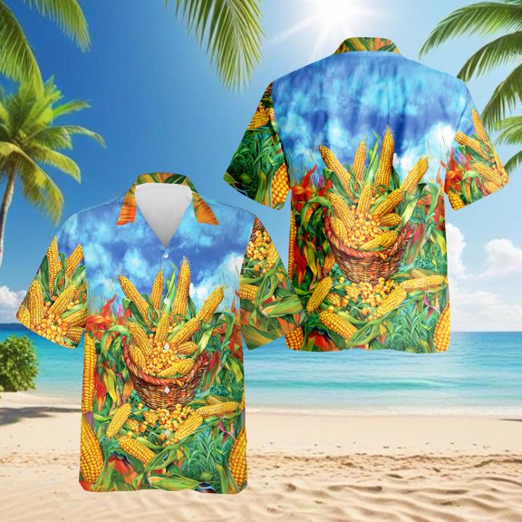 Corn Hawaiian Shirt for Men, Button Down Summer Beach Short Sleeve, Corn Lover Gifts, S-5XL