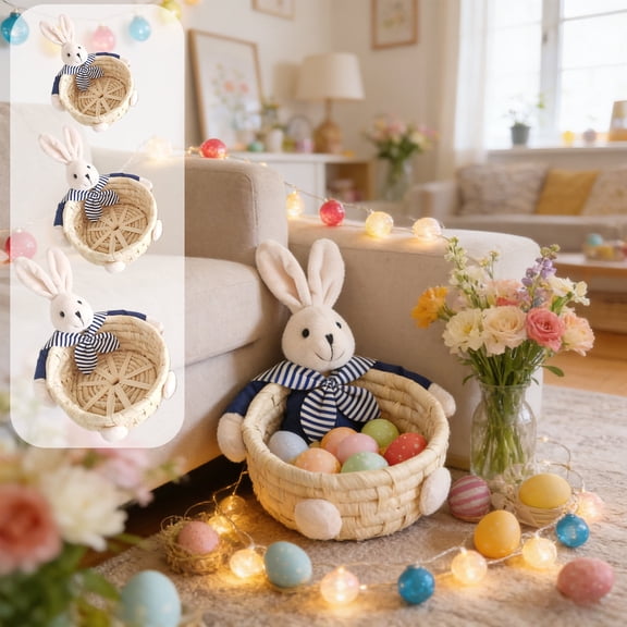 Corn Husk Woven Easter Basket - Straw Woven Basket Rabbit Egg Storage Holder for Home Decor Crafts, Rustic Gift Basket for Easter Holiday Party Tabletop Storager Ornament, 3*3*4in, White