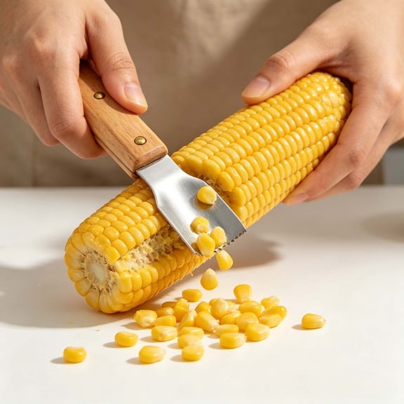 Corn Kernel Remover Stainless Steel Corn Stripper Tool with Beech Wood Handle for Fresh Corn on the Cob, Corn Cob Scraper, Corn Peeler, Corn Grater, Shovel for Kitchen Prep, White, 19.5 x 3cm