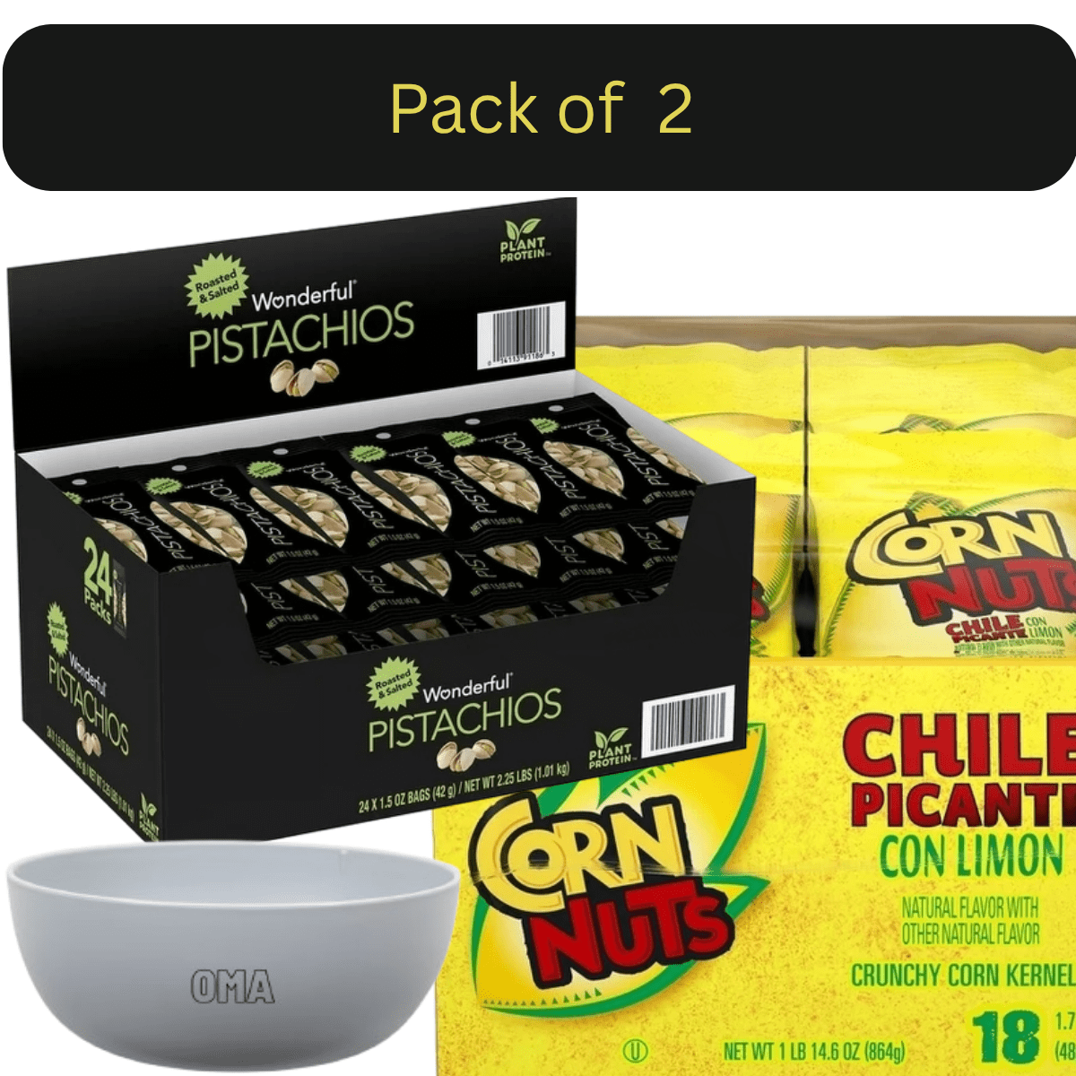 Corn Nuts Chile Picante con Limón, 1.7 oz., 18 pk. & Wonderful Roasted Salted Pistachios, 1.5 oz., 24 pk. with bowl by OMA