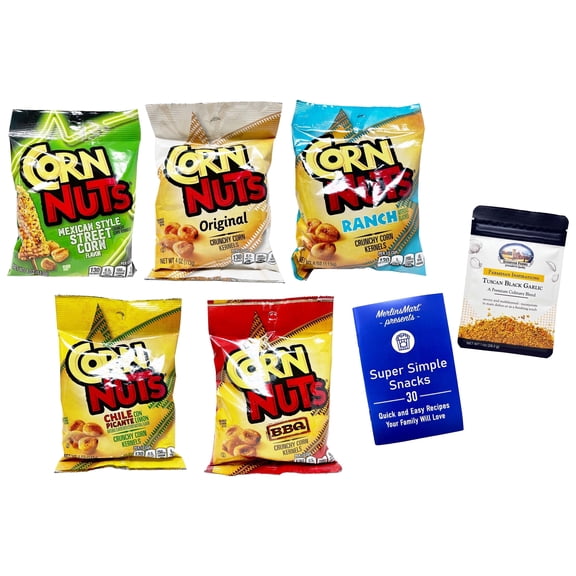 Corn Nuts Crunchy Corn Snacks Variety Pack, Original, Street Corn, Chile Picante, BBQ & Ranch, 4 oz Each (5 Pack) | Shawhan Farms Parmesan + MerlinsMart Zine