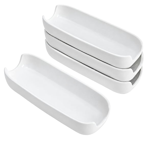 Corn Serving Plate Set of 4, White Porcelain Trays with Recessed Centers and Elevated Ends for Table Service, Side Dishes, and Snacks
