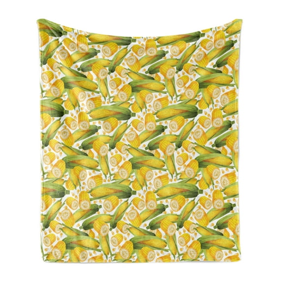 Corn Soft Flannel Fleece Blanket, Vegetable Organic Food Realistic Illustration Yellow Corn Stalks Agriculture, Cozy Plush for Indoor and Outdoor Use, 50" x 70", Yellow Green White, by Ambesonne