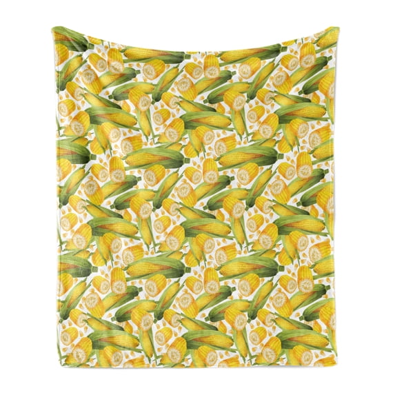 Corn Soft Flannel Fleece Blanket, Vegetable Organic Food Realistic Illustration Yellow Corn Stalks Agriculture, Cozy Plush for Indoor and Outdoor Use, 70" x 90", Yellow Green White, by Ambesonne