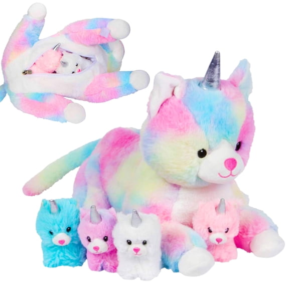PixieCrush Unicorn Cat Plushie - Mommy Cat Unicorn with 4 Baby Kittens - Magical Pillow Plushies for Girls Ages 3-8 - Big Stuffed Animals - Ideal Gift for Girls 5 x 10 x 8 inches