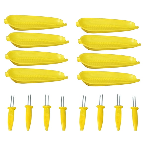 Corn Tray Kit, 8Pcs Corn on The Cob Dishes and 8Pcs Stainless Steel Jumbo Skewers Twin Prong Holders for Home Cooking Outdoor Barbecue Camping Cookouts Party Supplies 4th of July Holiday Service Tray
