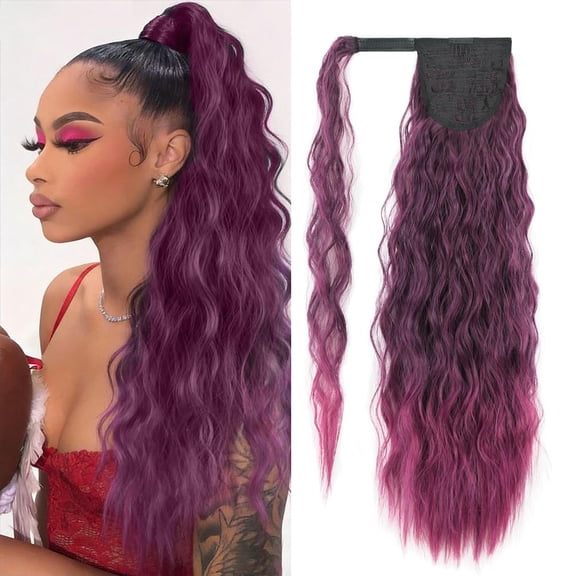 Corn Wave Ponytail Extension Clip in - 22 Inch Long Wavy Curly Wrap Around Pony Tail Heat Resistant Synthetic Hairpiece for Women (Mixed purple T850/716#)