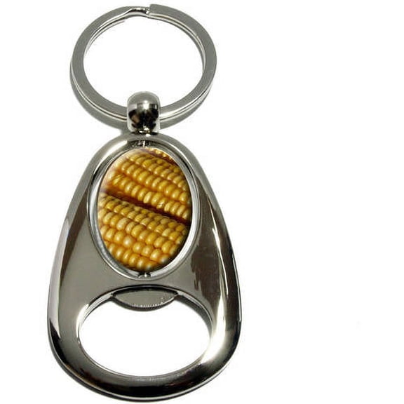Corn on the Cob, Kernels, Chrome Plated Metal Spinning Oval Design Bottle Opener Keychain Key Ring