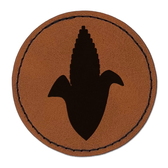 Corn on the Cob Solid 2.5" Faux Leather Round Engraved Iron-On Patch - Brown