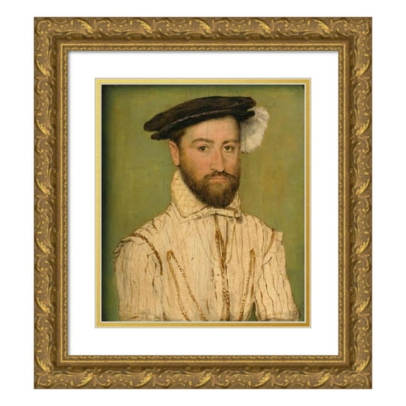 Corneille de Lyon 12x14 Gold Ornate Wood Frame and Double Matted Museum Art Print Titled - Portrait of a Bearded Gentleman, in a Black Beret with White Plumage