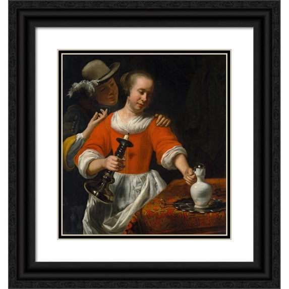 Cornelis Bisschop 20x22 Black Ornate Framed Double Matted Museum Art Print Titled: A Young Woman and a Cavalier (Early 1660s)