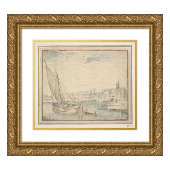 Cornelis Claesz. van Wieringen 17x15 Gold Ornate Wood Frame and Double Matted Museum Art Print Titled - Ships Near a Village