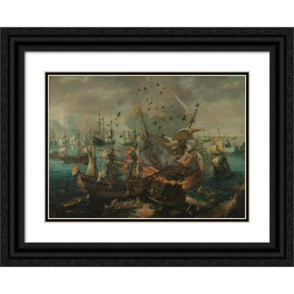 Cornelis Claesz. van Wieringen 18x14 Black Ornate Wood Framed Double Matted Museum Art Print Titled - Battle of Gibraltar in 1607 (C. 1621)