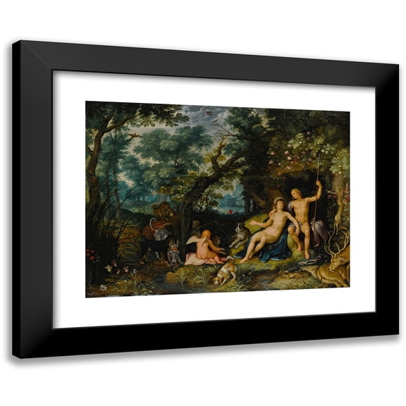Cornelis Cornelisz Van Haarlem 14x11 Black Modern Framed Museum Art Print Titled - Venus and Adonis Resting in an Extensive Landscape, with Cupid and Hunting Dogs and Their Quarries
