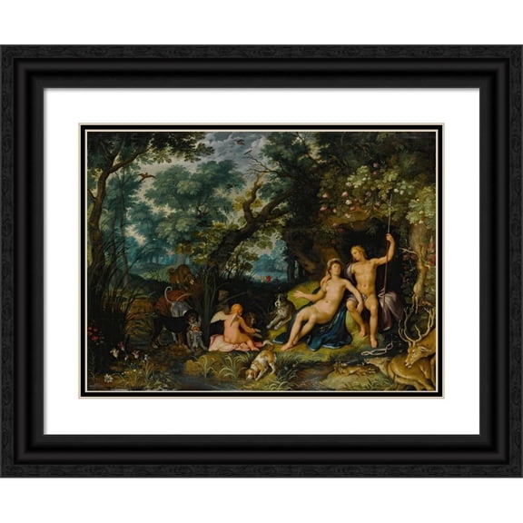 Cornelis Cornelisz Van Haarlem 24x19 Black Ornate Framed Double Matted Museum Art Print Titled: Venus and Adonis Resting in an Extensive Landscape, with Cupid and Hunting Dogs and