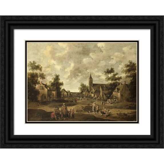 Cornelis Droochsloot 18x14 Black Ornate Wood Framed Double Matted Museum Art Print Titled - Village Street (1664)