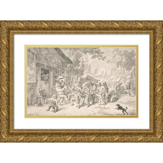 Cornelis Dusart 14x11 Gold Ornate Wood Frame and Double Matted Museum Art Print Titled - An Itinerant Peddler in a Village (1693)