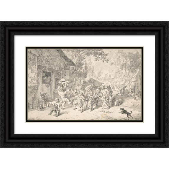 Cornelis Dusart 18x13 Black Ornate Wood Framed Double Matted Museum Art Print Titled - An Itinerant Peddler in a Village (1693)