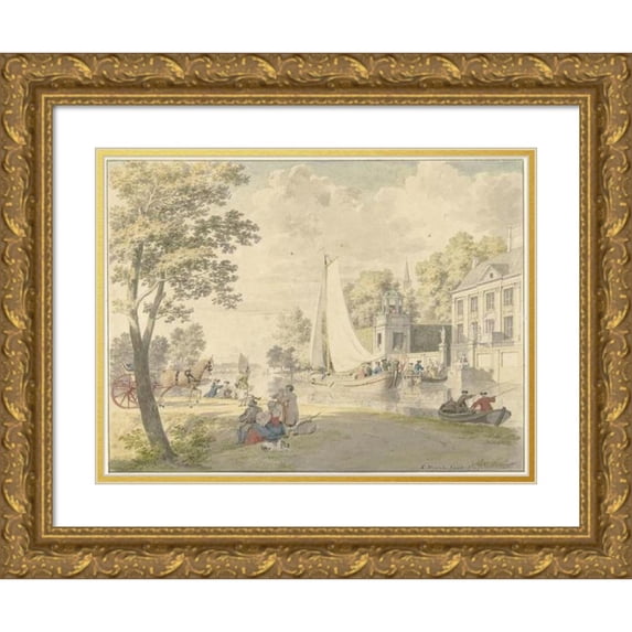 Cornelis Pronk 14x12 Gold Ornate Wood Frame and Double Matted Museum Art Print Titled - Summer Country Scene with Pleasure Ships (1748)