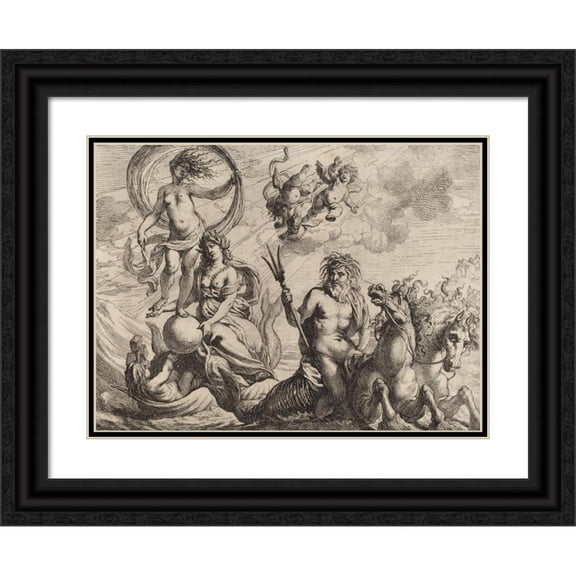 Cornelis Schut 24x19 Black Ornate Framed Double Matted Museum Art Print Titled: Neptune with Two Horses on the Sea