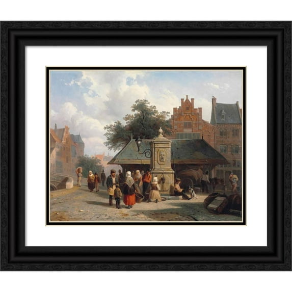 Cornelis Springer 24x20 Black Ornate Framed Double Matted Museum Art Print Titled: By the Well in a Dutch Town Square (1850)