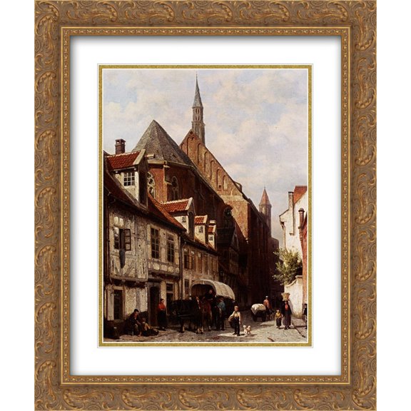 Cornelis Springer 2x Matted 20x24 Gold Ornate Framed Art Print 'A Busy Street In Bremen With The Saint Johann Church In The Background'