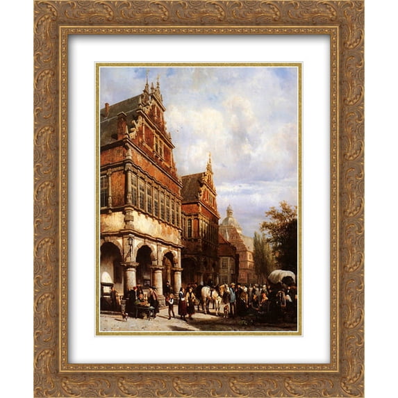 Cornelis Springer 2x Matted 20x24 Gold Ornate Framed Art Print 'Cityhall Paderborn'