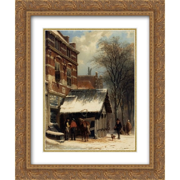 Cornelis Springer 2x Matted 20x24 Gold Ornate Framed Art Print 'The Smithy of Culemborg in the Winter'