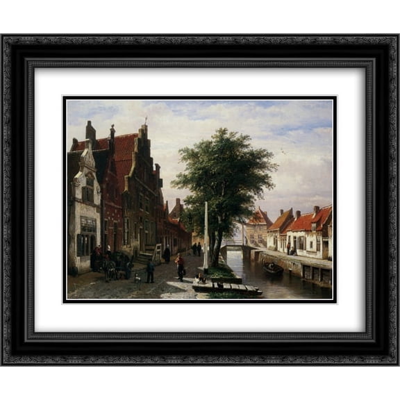 Cornelis Springer 2x Matted 24x20 Black Ornate Framed Art Print 'Along the Canal'