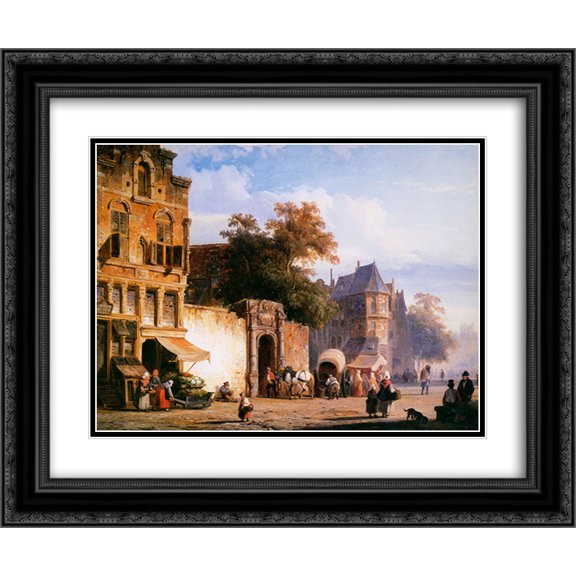 Cornelis Springer 2x Matted 24x20 Black Ornate Framed Art Print 'Cityview wiith marketstall'