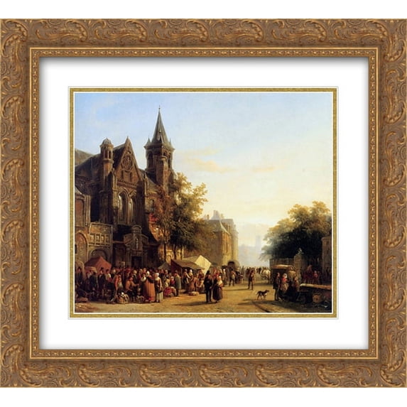 Cornelis Springer 2x Matted 24x20 Gold Ornate Framed Art Print 'City view with figures'