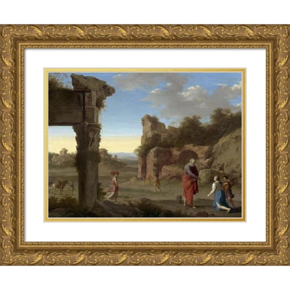 Cornelis Van Poelenburch 18x15 Gold Ornate Wood Frame and Double Matted Museum Art Print Titled - The Prophet Elijah and the Widow of Zarephath (C. 1630)