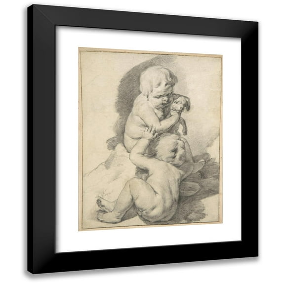 Cornelis Visscher 12x14 Black Modern Framed Museum Art Print Titled - Two Boys with a Puppy (Mid-17th Century)