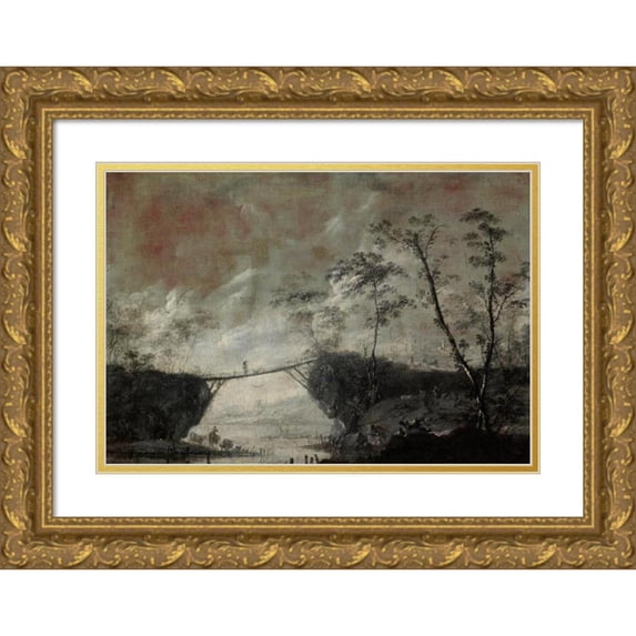 Cornelis de Bie 14x11 Gold Ornate Wood Frame and Double Matted Museum Art Print Titled - Landscape with a Bridge (1648)