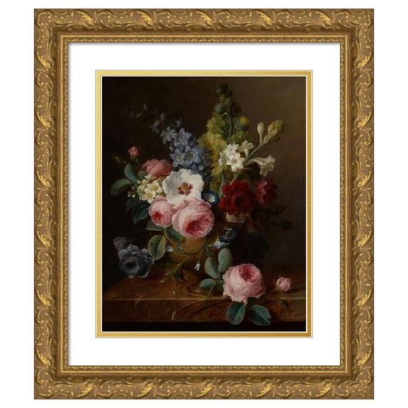 Cornelis van Spaendonck 20x24 Gold Ornate Framed and Double Matted Museum Art Print Titled - Still Life of Flowers in a Vase on a Marble Ledge, Including Roses, Hibiscus, Bellflowers, Hollyh