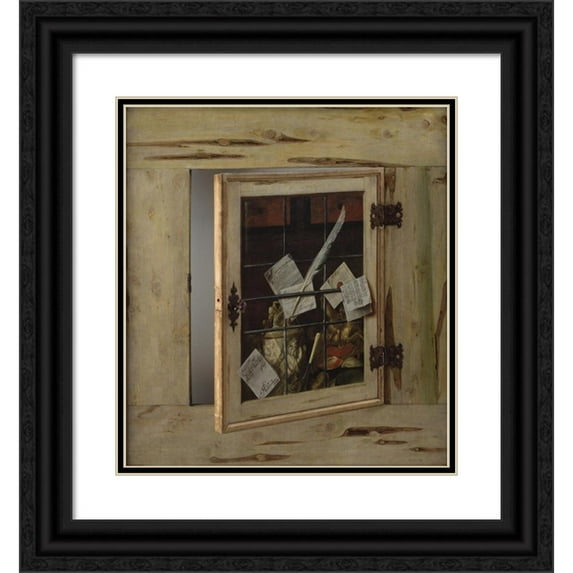 Cornelius Norbertus Gijsbrechts 12x13 Black Ornate Wood Framed Double Matted Museum Art Print Titled: Trompe L’Oeil. a Cabinet of Curiosities with an Ivory Tankard (1670)