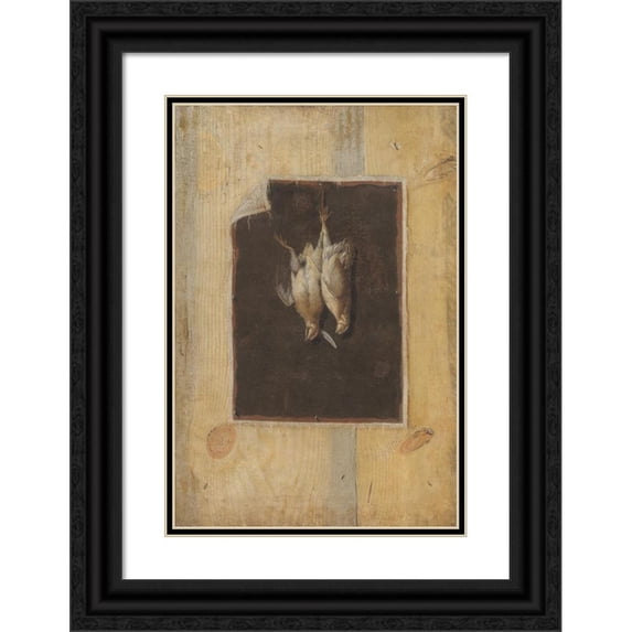 Cornelius Norbertus Gijsbrechts 17x24 Black Ornate Framed Double Matted Museum Art Print Titled: Trompe L’Oeil. Board Partition with a Still Life of Two Dead Birds Hanging on a Wal