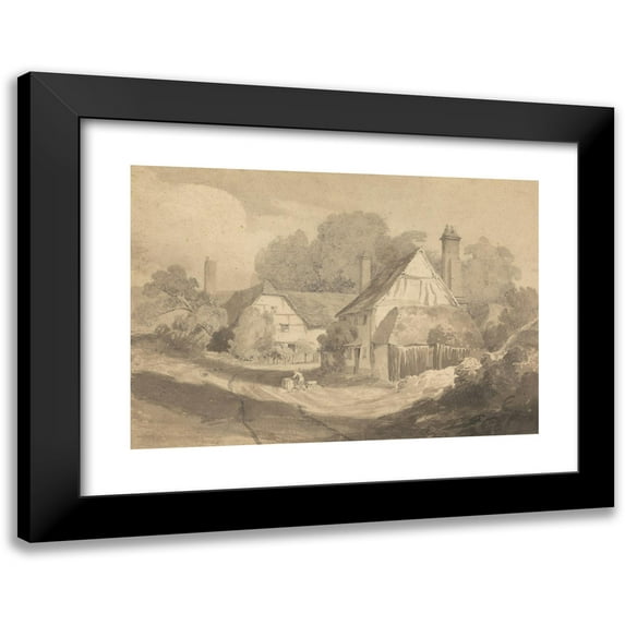 Cornelius Varley 14x11 Black Modern Framed Museum Art Print Titled - Cottages at Letherhead Surrey