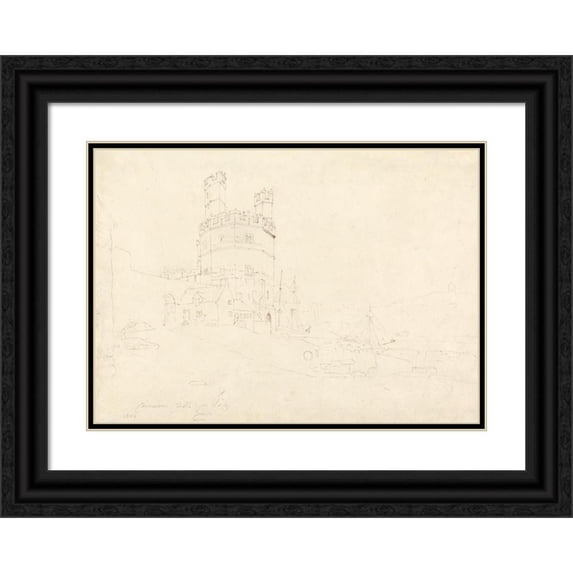 Cornelius Varley 14x11 Black Ornate Wood Framed Double Matted Museum Art Print Titled: Carnarvon Castle (1802)