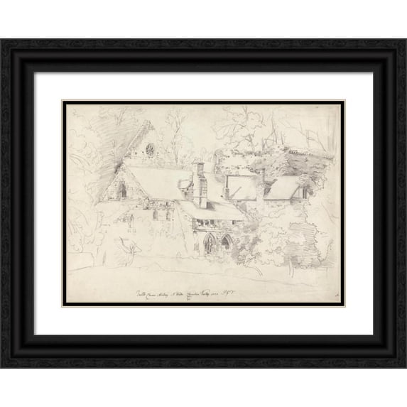 Cornelius Varley 18x14 Black Ornate Wood Framed Double Matted Museum Art Print Titled - Valley Cross Abbey, Denbighshire (1820)