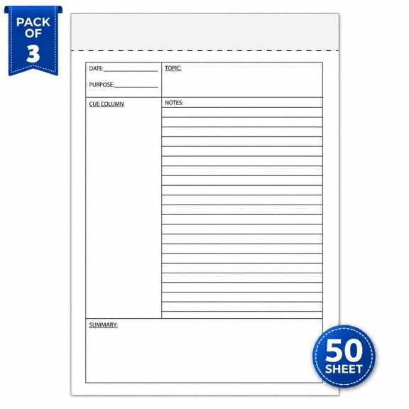 Cornell Notebook Paper Pad, Pack of 3 - 8.5 x 11 Cornell Note Taking System Notepad, 50 Sheets Each, Extra Strong Chipboard Back for Students, College & Office Notes
