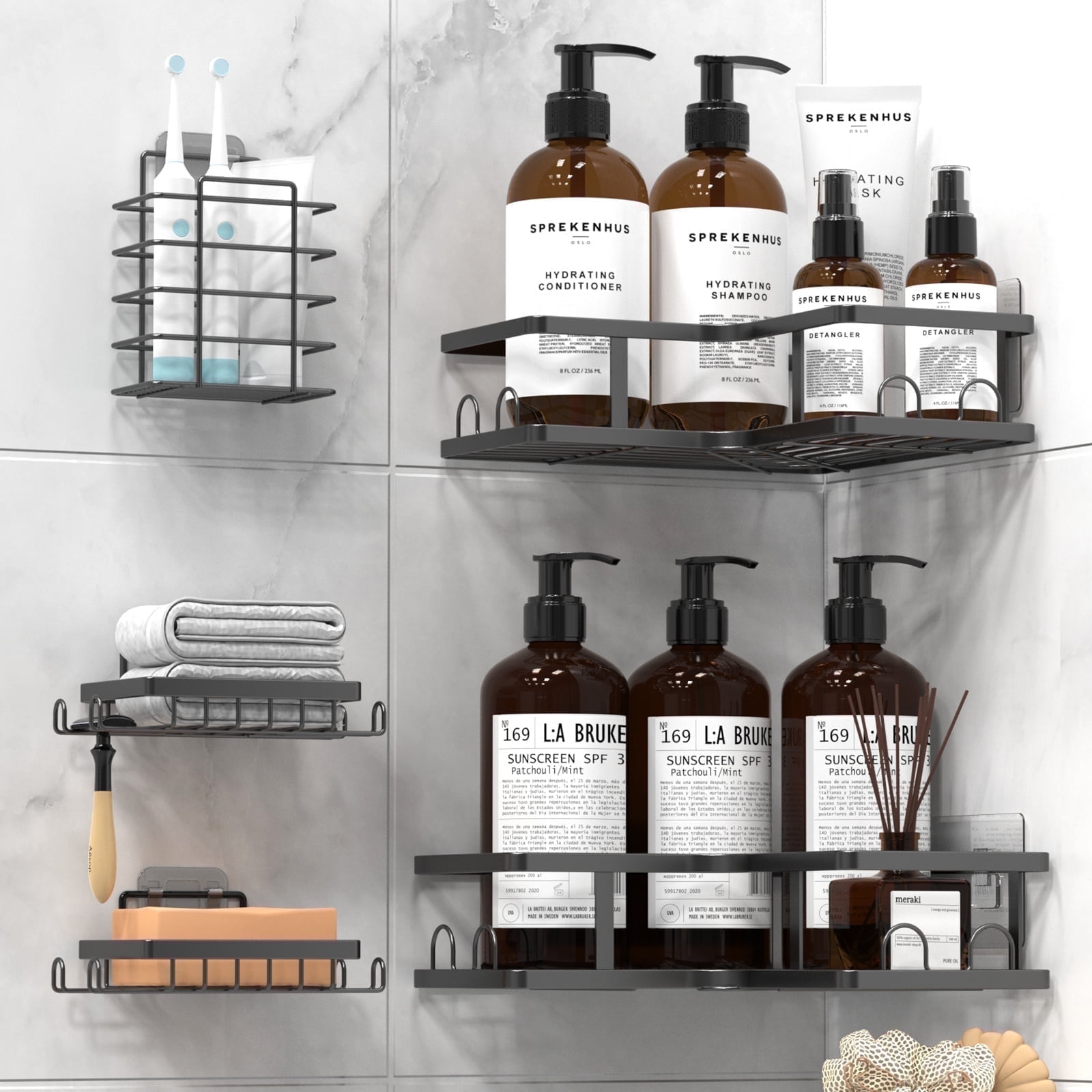 Corner Adhesive Shower Caddy, 5-Pack Shower Organizer with Soap Holder, Toothbrush Holder and 18 Hooks, Rustproof Stainless Steel Bathroom Storage Shelves, No Drilling Wall Mounted Rack, Black