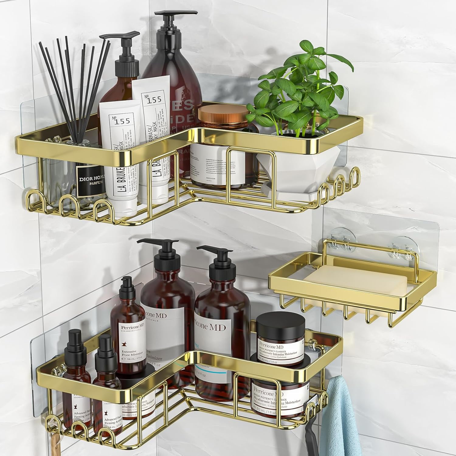 Corner Adhesive Shower Caddy, with Soap Holder and 12 Hooks, Rustproof ...