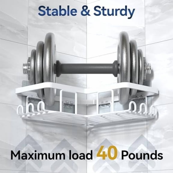 Corner Adhesive Shower Caddy, with Soap Holder and 12 Hooks, Rustproof Stainless Steel Bathroom Organizer, No Drilling Wall Mounted Rack, White, 3-Pack