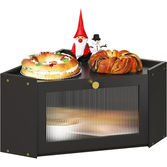 Corner Bamboo Bread Box for Kitchen Counter Large Capacity Rustic Bread Storage Container with Wavy Arcylic Transparent Door Vintage Storage for Homemade Bread (Black)